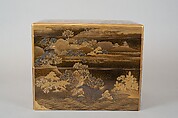 Box for Incense Utensils with Cherry Blossoms in a Landscape, Gold and silver maki-e and kirikane on black lacquer ground, Japan