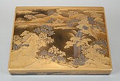 Box for Incense Utensils with Cherry Blossoms in a Landscape, Gold and silver maki-e and kirikane on black lacquer ground, Japan