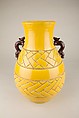 Vase with Incised Design and Salamander Handles in Kochi Style, Eiraku Hozen (Japanese, 1795–1854), Stoneware with yellow and brown glazes, incised and gilt design (Kyoto ware), Japan