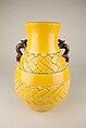 Vase with Incised Design and Salamander Handles in Kochi Style, Eiraku Hozen (Japanese, 1795–1854), Stoneware with yellow and brown glazes, incised and gilt design (Kyoto ware), Japan