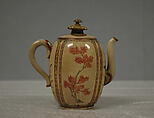 Wine pot, Hard paste faience, lustrous glaze, crackled, over decorations; enameled on top, handle and spout;  (Satsuma ware), Japan