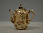 Wine pot, Hard paste faience, lustrous glaze, crackled, over decorations; enameled on top, handle and spout;  (Satsuma ware), Japan