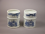 Water Jar (Mizusashi) with the Seven Sages of the Bamboo Grove, Porcelain painted with cobalt blue under a transparent glaze; lacquer cover (Hirado ware), Japan