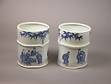 Water Jar (Mizusashi) with the Seven Sages of the Bamboo Grove, Porcelain painted with cobalt blue under a transparent glaze; lacquer cover (Hirado ware), Japan