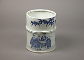 Water Jar (Mizusashi) with the Seven Sages of the Bamboo Grove, Porcelain painted with cobalt blue under a transparent glaze; lacquer cover (Hirado ware), Japan