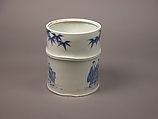 Water Jar (Mizusashi) with the Seven Sages of the Bamboo Grove, Porcelain painted with cobalt blue under a transparent glaze; lacquer cover (Hirado ware), Japan