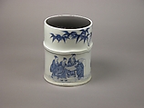 Water Jar (Mizusashi) with the Seven Sages of the Bamboo Grove, Porcelain painted with cobalt blue under a transparent glaze; lacquer cover (Hirado ware), Japan