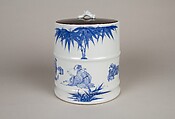 Water Jar (Mizusashi) with the Seven Sages of the Bamboo Grove, Porcelain painted with cobalt blue under a transparent glaze; lacquer cover with porcelain knob (Hirado ware), Japan