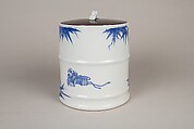 Water Jar (Mizusashi) with the Seven Sages of the Bamboo Grove, Porcelain painted with cobalt blue under a transparent glaze; lacquer cover with porcelain knob (Hirado ware), Japan