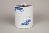 Water Jar (Mizusashi) with the Seven Sages of the Bamboo Grove, Porcelain painted with cobalt blue under a transparent glaze; lacquer cover with porcelain knob (Hirado ware), Japan