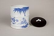 Water Jar (Mizusashi) with the Seven Sages of the Bamboo Grove, Porcelain painted with cobalt blue under a transparent glaze; lacquer cover with porcelain knob (Hirado ware), Japan