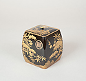 Ash Container (Takigara-ire) for Incense Ceremony, with Family Crest, Pine, Bamboo, and Plum, Lacquered wood with gold, silver togidashimaki-e, hiramaki-e, and cutout gold leaf, Japan