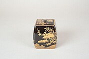 Ash Container (Takigara-ire) for Incense Ceremony, with Family Crest, Pine, Bamboo, and Plum, Lacquered wood with gold, silver togidashimaki-e, hiramaki-e, and cutout gold leaf, Japan
