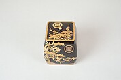 Ash Container (Takigara-ire) for Incense Ceremony, with Family Crest, Pine, Bamboo, and Plum, Lacquered wood with gold, silver togidashimaki-e, hiramaki-e, and cutout gold leaf, Japan