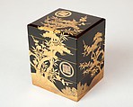 Tiered Incense Box (Jūkōgō) with Family Crest, Pine, Bamboo, and Plum, Lacquer with sprinkled gold, Japan