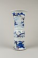 Vase with landscape scenes, Porcelain painted in underglaze cobalt blue, copper red, and light green (Jingdezhen ware), China