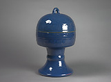 Vessel for Ritual Offering (Dou), Porcelain with low-relief decoration under dark blue glaze, China