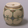 Tea jar, Pottery decorated with colored enamels on a finely crackled ground; ivory lid (Satsuma ware), Japan