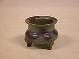 Tripod incense burner, Stoneware with splashed blue glaze (Jun ware), China