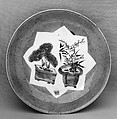 Dish with pine, plum blossom, and bamboo in planters, Porcelain painted in underglaze cobalt blue and copper red, with powder blue ground (Jingdezhen ware), China