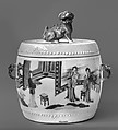 Covered jar with ladies, Porcelain painted in underglaze blue with gilded biscuit decoration (Jingdezhen ware), China