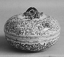 Covered Box, Porcelain painted in underglaze blue with relief decoration, touched with polychrome enamels, China