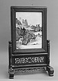 Desk screen with landscape, Porcelain painted in overglaze polychrome enamels (Jingdezhen ware), wooden frame stand, China