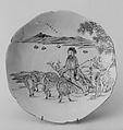 Saucer with Su Wu and sheep, Moulded porcelain painted in overglaze black, red, and gilt (Jingdezhen ware), China