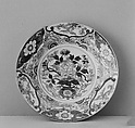 Large Dish with Peony Bouquet and Cherry Blossom Rafts, Porcelain with underglaze blue and overglaze polychrome enamels, gold (Arita ware, Imari type), Japan