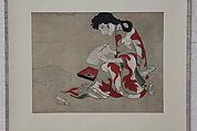Beauty Writing a Letter (copy of a section of the Hikone Screen), Hanging scroll; ink and color on silk, Japan