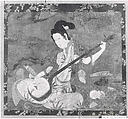 Beauty Playing a Shamisen, Remounted section of a screen; ink and color on paper, Japan