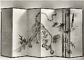 Seven Gods of Good Fortune and Chinese Children, Kano Chikanobu (Japanese, 1660–1728), Six-panel folding screen; ink, color, and gilt on paper; Reverse side: ink, color, and gold on paper, Japan