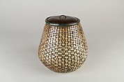 Water Jar (Mizusashi) in the Shape of a Bamboo Basket, Stoneware with cream slip and brown glaze; lacquer cover, Japan
