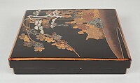 Writing Box with Design of Six Poets under a Cherry Tree and a Pine, Gold and silver maki-e, colored lacquer, and mother-of-pearl inlay on black lacquer, Japan