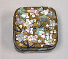 Incense Box with Flowering Plum Tree, School of Ogata Kōrin (Japanese, 1658–1716), Gold lacquer with gold hiramaki-e, black lacquer, and mother-of-pearl inlay, Japan