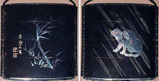 Case (Inrō) with Design of Seated Tiger in Rain (obverse); Bamboo with Inscription (reverse), Sō Shiseki (Japanese, 1715–1786), Lacquer, roiro, gold foil, aogai inlay; Interior: roiro, Japan