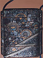 Case (Inrō) with Designs of Chrysanthemums and Bamboo-Woven Fence, Lacquer with mother-of-pearl and pewter; Interior: roiro and fundame; Ojime: gilt iron bead perforated in floral design; Netusuke: mother-of-pearl inlay, ivory, gold, and red and black lacquer in design of flying bird, Japan