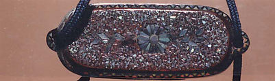 Case (Inrō) with Designs of Chrysanthemums and Bamboo-Woven Fence, Lacquer with mother-of-pearl and pewter; Interior: roiro and fundame; Ojime: gilt iron bead perforated in floral design; Netusuke: mother-of-pearl inlay, ivory, gold, and red and black lacquer in design of flying bird, Japan