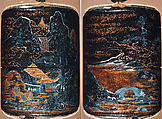 Case (Inrō) with Chinese-Style Landscape, Lacquer, roiro, nashiji, gold foil, aogai inlay; Interior: nashiji and fundame, Japan