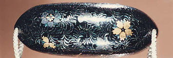 Case (Inrō) with Design of Peony and Cherry Tree (obverse); Peacock (reverse), Aogai shell and gold foil inlay on black lacquer, Japan