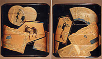Inrō with Ema (Shinto Shrine Votive Plaque) of Eight Fan Shapes and Framed Pictures, Four cases; lacquered wood with gold and silver togidashimaki-e, hiramaki-e, black lacquer, cut-out gold foil application on black groundNetsuke: puppy; ivoryOjime: metal with plum blossoms in gold inlay, Japan