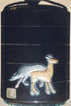 Case (Inrō) with Design of Hunter Dismounting Horse (obverse);  Two Spotted Deer (reverse), Lacquer, roiro, coloured ceramic and metal inlay; Interior: gyobu nashiji and fundame, Japan