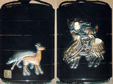 Case (Inrō) with Design of Hunter Dismounting Horse (obverse);  Two Spotted Deer (reverse), Lacquer, roiro, coloured ceramic and metal inlay; Interior: gyobu nashiji and fundame, Japan