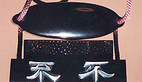 Case (Inrō) with Design of Young Woman with Flower Basket of Plum Blossoms (obverse); Four Large Characters (reverse), Kafu Mochikaze, Roiro lacquer with gold and colored sprinkled and polished makie, mother-of-pearl inlay;  Interior: roiro, hirame & fundame; Netsuke: box with No dancer, Ojime: Bodhidharma, Japan