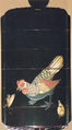 Inrō with Rooster, Hen, and Chicks, Black lacquer ground with white, green, yellow, and red lacquerNetsuke: dancer; carved woodOjime: yellow and red glass bead, Japan