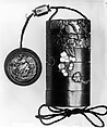Case (Inrō) with Design of Grapevine, Case: gold and colored lacquer on black lacquer with mother-of-pearl and pewter inlays; Fastener (ojime): silver vase (signed: Tenni); Toggle: (netsuke): gold with design of cricket and dragonfly with autumn grasses, Japan