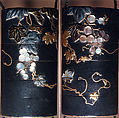 Case (Inrō) with Design of Grapevine, Case: gold and colored lacquer on black lacquer with mother-of-pearl and pewter inlays; Fastener (ojime): silver vase (signed: Tenni); Toggle: (netsuke): gold with design of cricket and dragonfly with autumn grasses, Japan