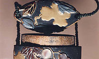 Case (Inrō) with Design of Grapevine, Case: gold and colored lacquer on black lacquer with mother-of-pearl and pewter inlays; Fastener (ojime): silver vase (signed: Tenni); Toggle: (netsuke): gold with design of cricket and dragonfly with autumn grasses, Japan