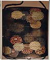 Inrō with Scattered Chrysanthemums, Four cases; lacquered wood with gold, silver hiramaki-e, togidashimaki-e, red lacquer, muranashiji on black lacquer ground; Netsuke: ivory and metal, kagamibuta type; crossing boat; Ojime: metal bead, Japan