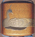 Inrō with Peacock, Nashiji ground with gold and silver takamaki-e, hiramaki-e, and mother-of-pearl inlayNetsuke: hunter struggling with bear; carved ivoryOjime: carnelian bead, Japan